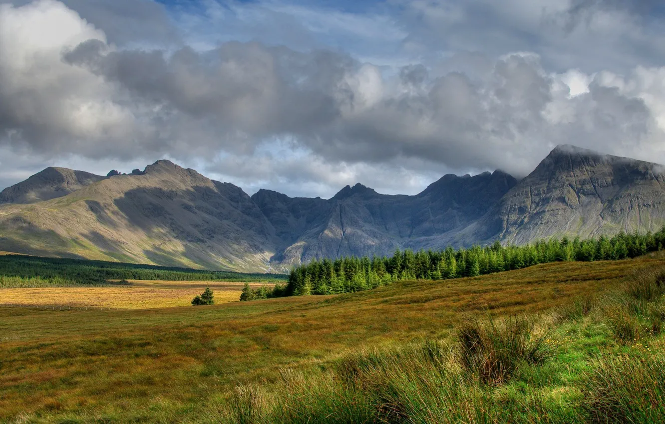 Photo wallpaper the sky, grass, clouds, trees, mountains, slope, Scotland
