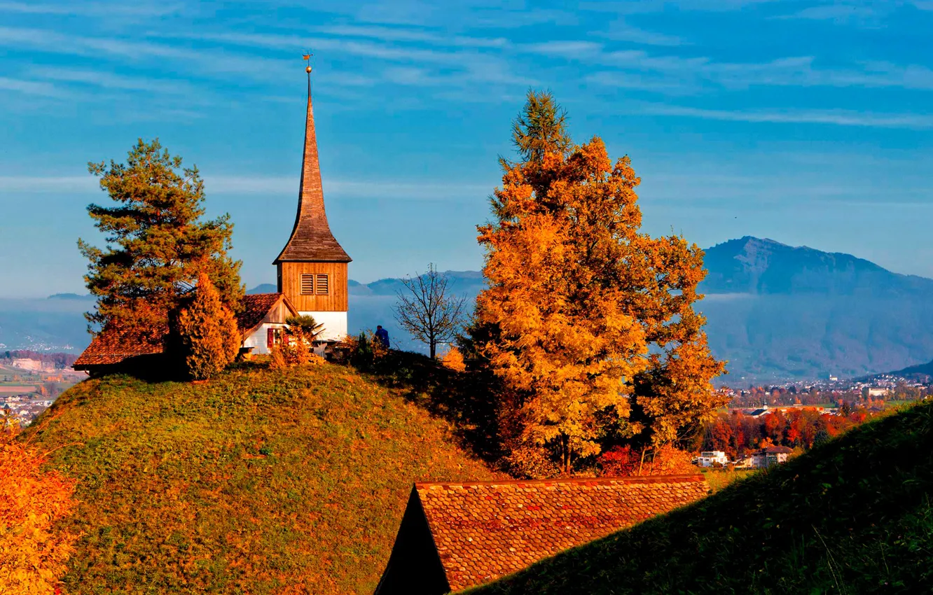 Photo wallpaper autumn, trees, mountains, home, Switzerland, valley