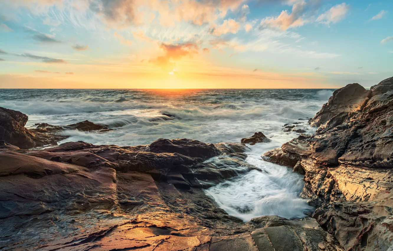 Photo wallpaper sea, wave, the sun, clouds, rocks, shore, morning