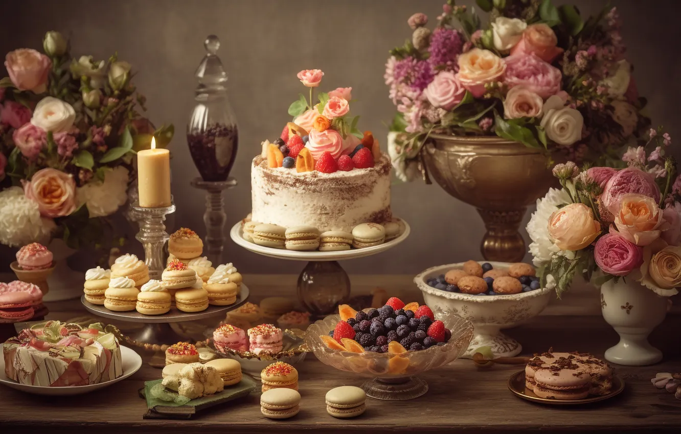 Photo wallpaper flowers, sweets, cake, still life, cake, flowers, still life, sweets