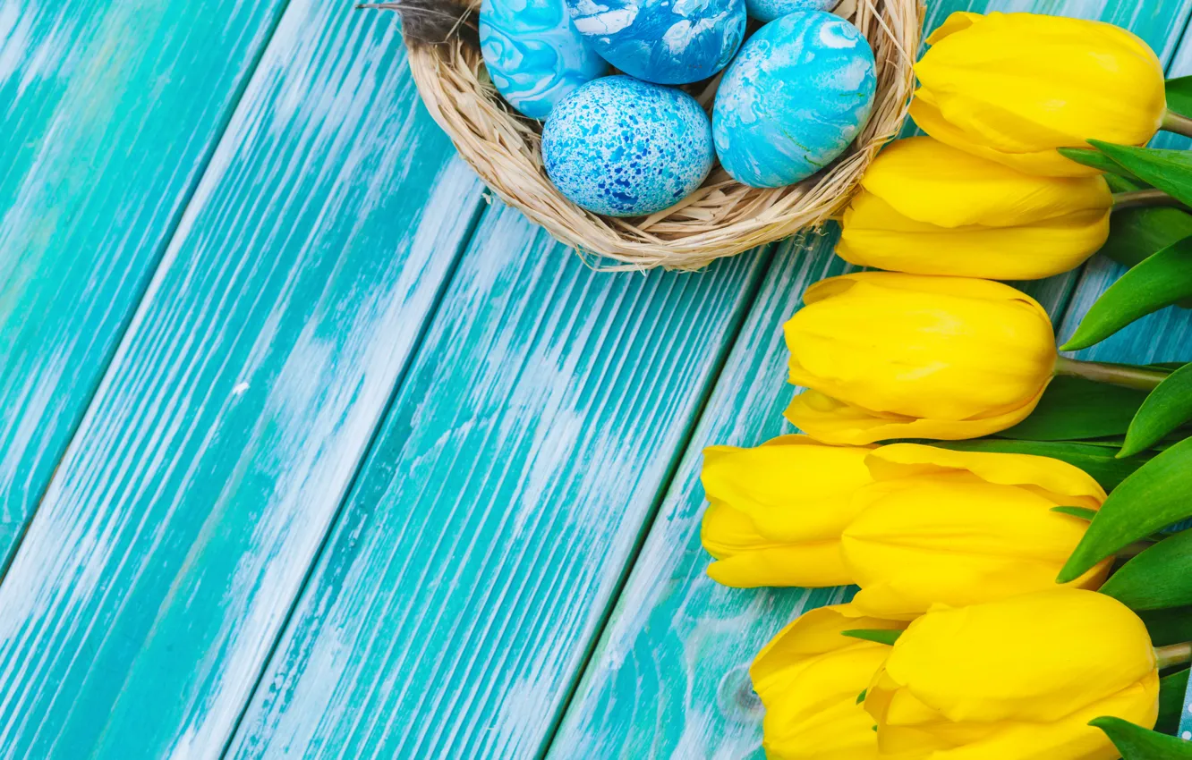 Photo wallpaper flowers, eggs, spring, colorful, Easter, tulips, yellow, wood