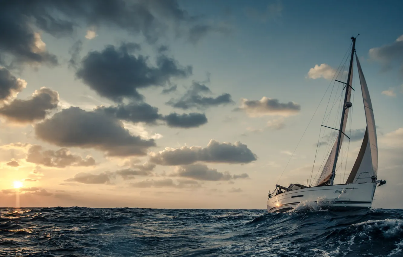 Photo wallpaper sea, the sun, sunset, the evening, yacht, sail