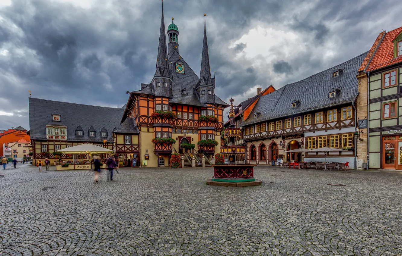 Photo wallpaper city, the city, beauty, area, square, beauty, town hall, stormy sky