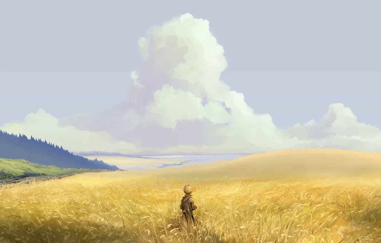 Photo wallpaper field, forest, the sky, clouds, nature, anime, art, guy