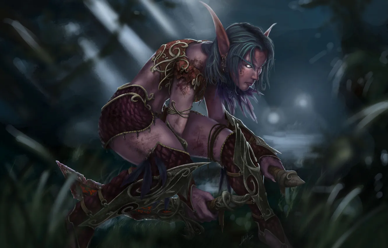 Photo wallpaper weapons, art, dagger, World of Warcraft, elf, Night Elf, wow, sneaks