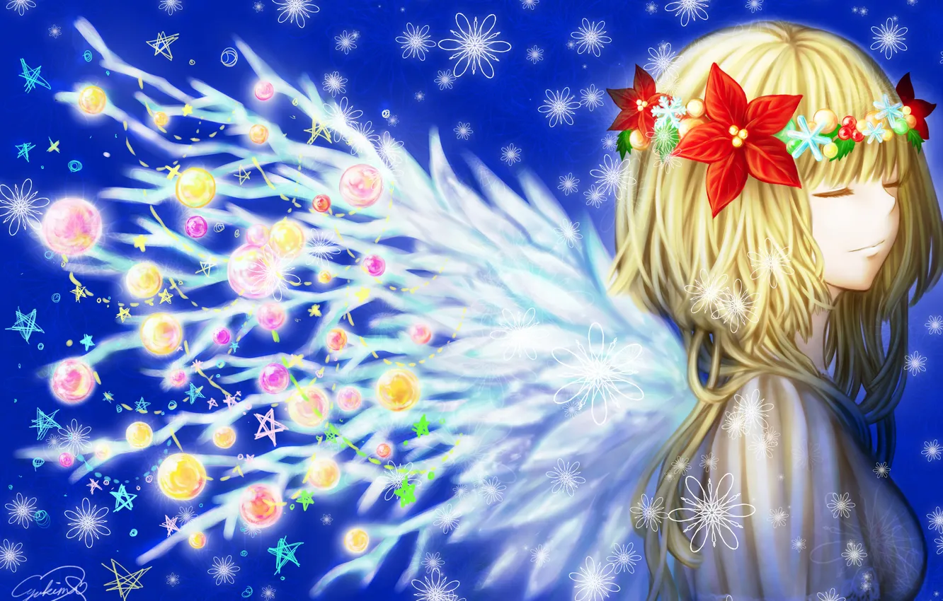 Photo wallpaper winter, girl, snow, snowflakes, holiday, toy, new year, wings