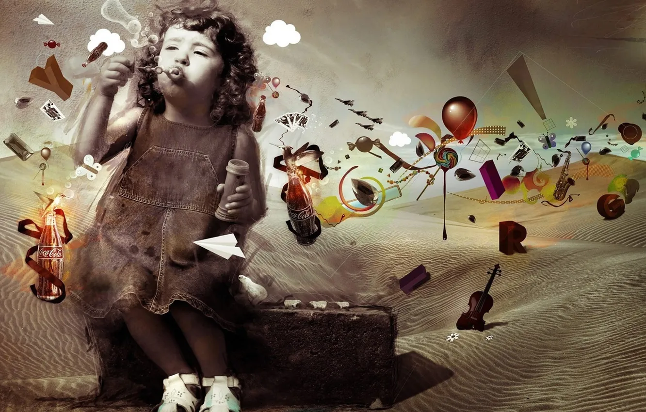 Photo wallpaper unusual, bubbles, girl