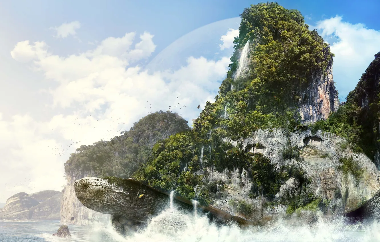 Photo wallpaper mountains, fantasy, the ocean, vegetation, island, turtle, desktop, fantasy