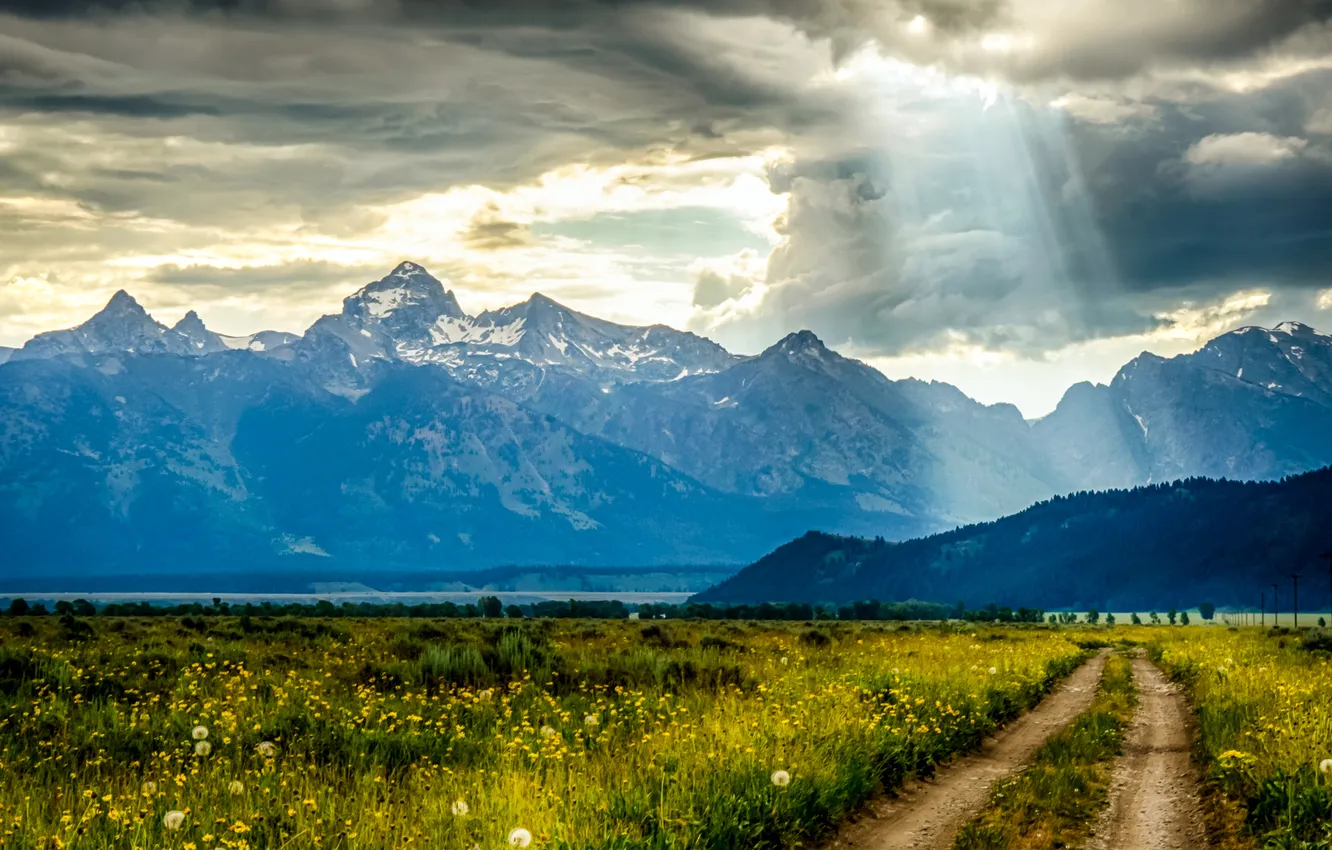 Photo wallpaper field, the sky, mountains, clouds, nature, sky, field, nature