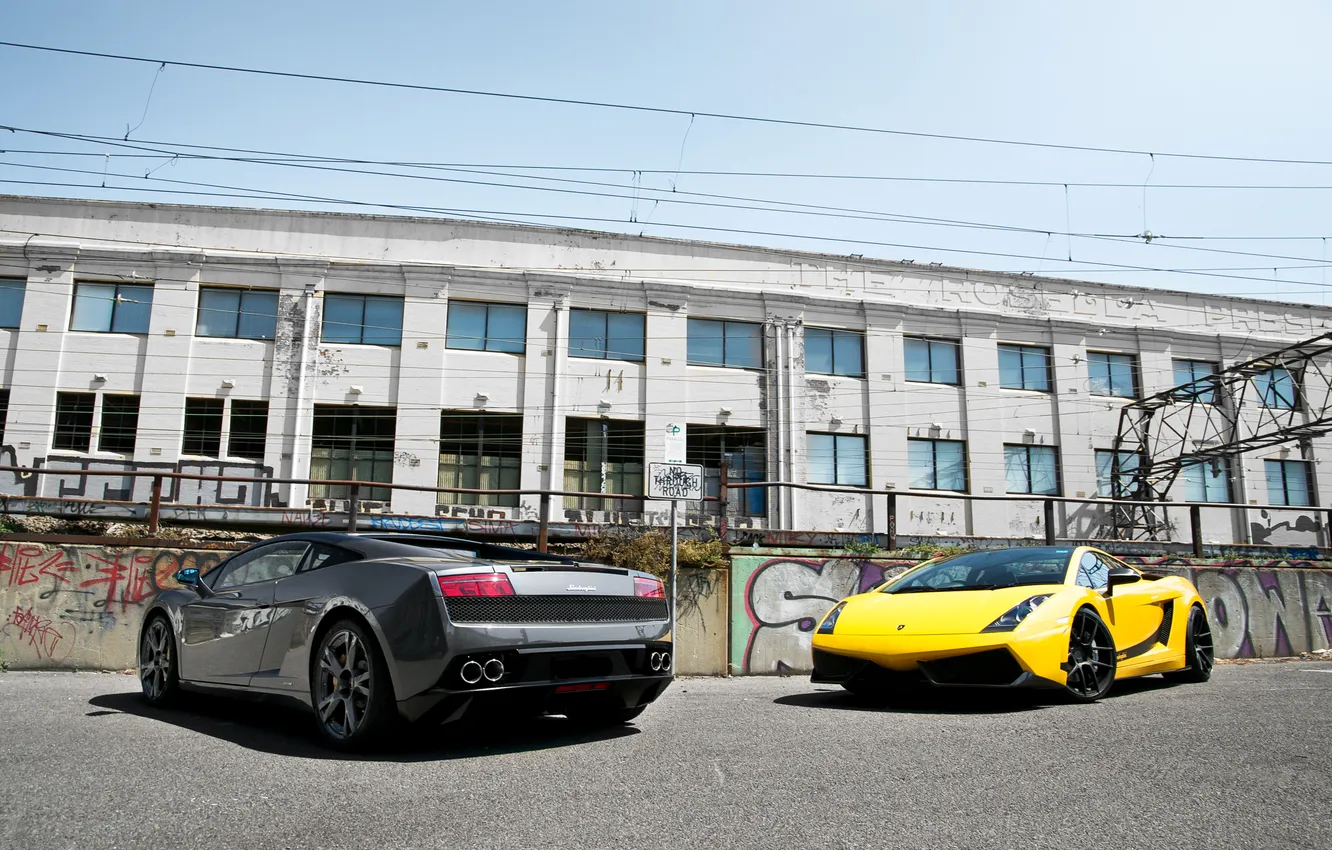 Photo wallpaper the sky, yellow, grey, building, Lamborghini, window, Superleggera, Gallardo
