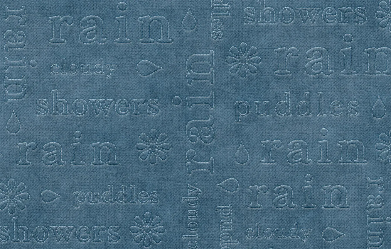 Photo wallpaper drops, flowers, rain, the inscription, stitches, fabric, blue background