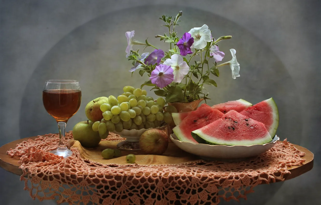 Photo wallpaper flowers, wine, watermelon, grapes