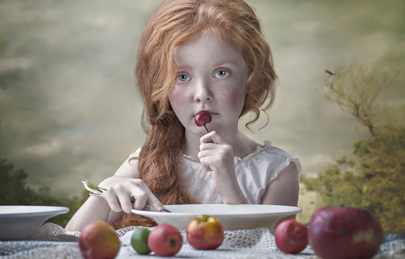 Photo wallpaper mood, apples, girl, plates, red, bird, redhead, cherry