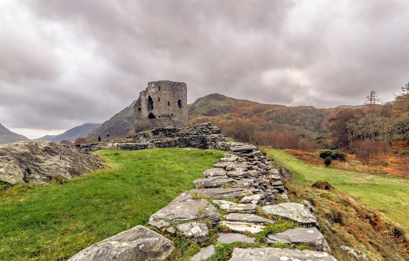Photo wallpaper mountains, castle, tower, track, Wales, Snowdonia, Dolbadarn Castle