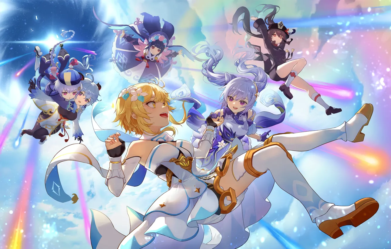 Photo wallpaper flight, Genshin Impact, Ganyu, Qiqi, Light, Keqing, HuTao