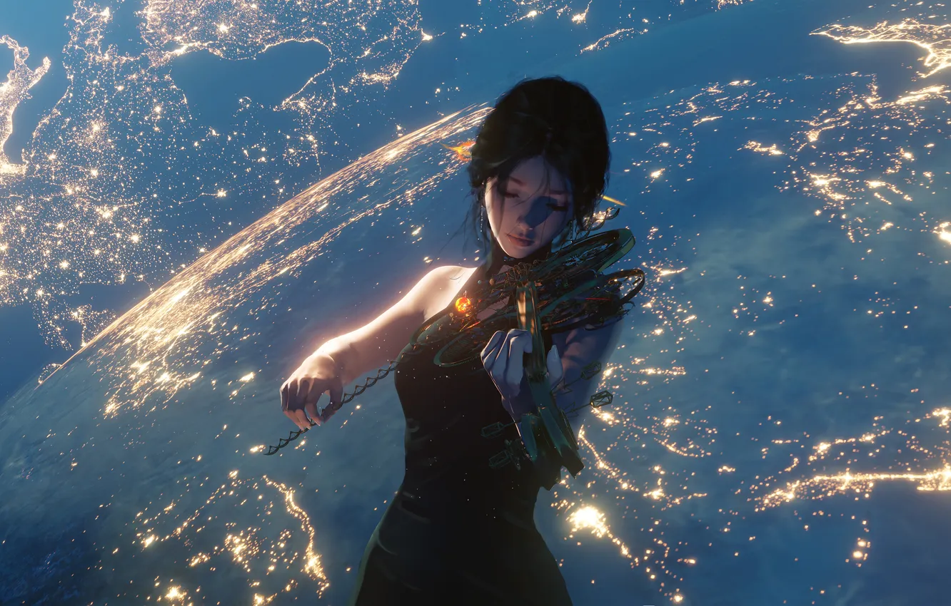 Photo wallpaper girl, violin, playing, starry sky