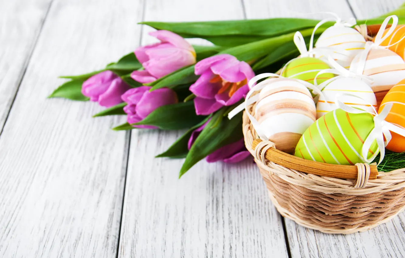 Photo wallpaper flowers, basket, eggs, spring, colorful, Easter, tulips, wood