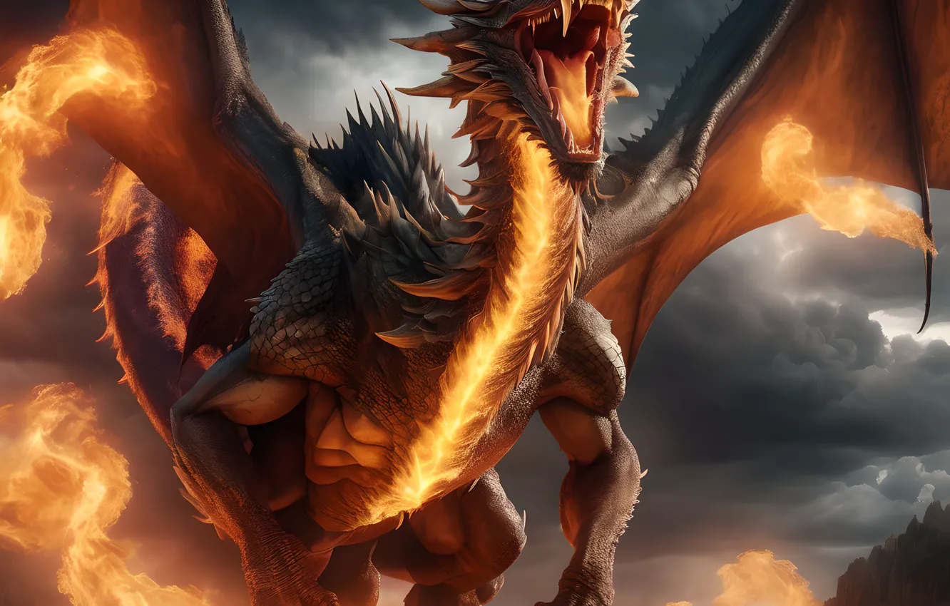 Photo wallpaper the sky, clouds, lights, pose, flame, dragon, power, fantasy
