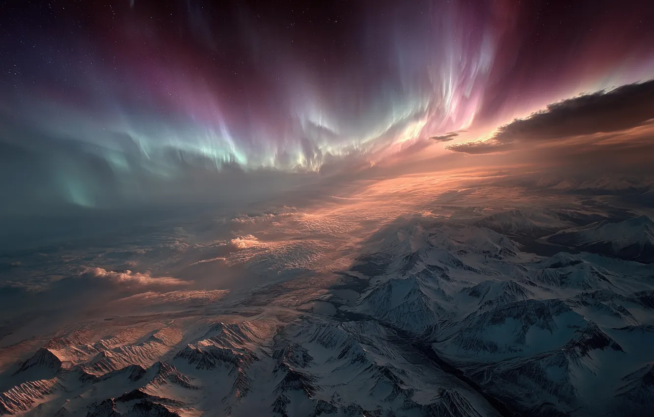 Photo wallpaper the sky, light, snow, landscape, mountains, fog, dawn, tops