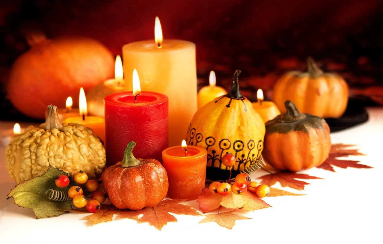 Photo wallpaper candles, Halloween, pumpkins