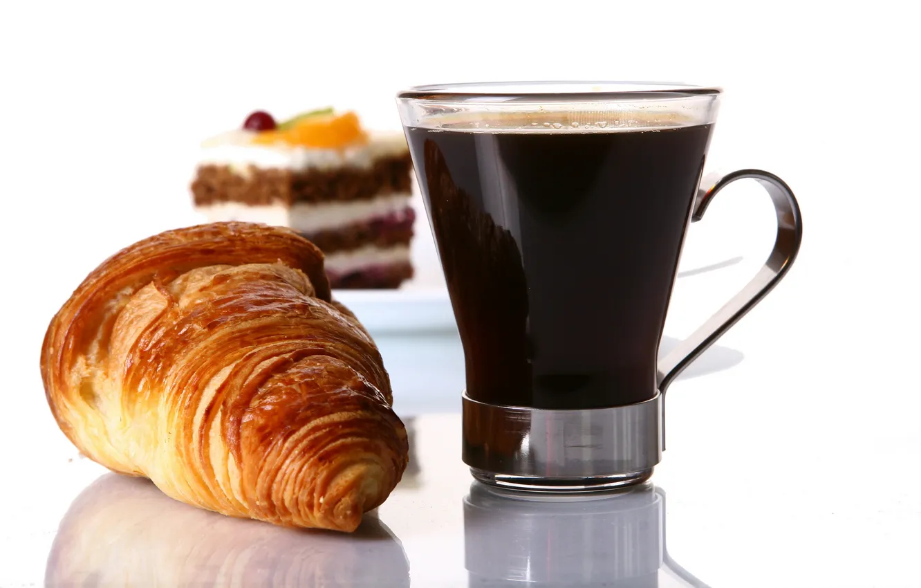 Photo wallpaper coffee, cake, croissant