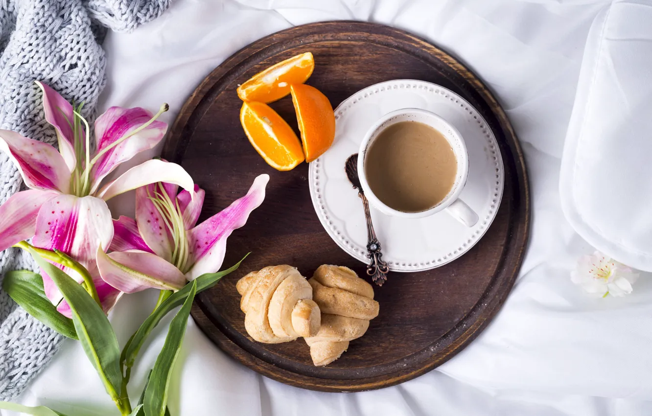 Photo wallpaper Lily, coffee, orange, croissant