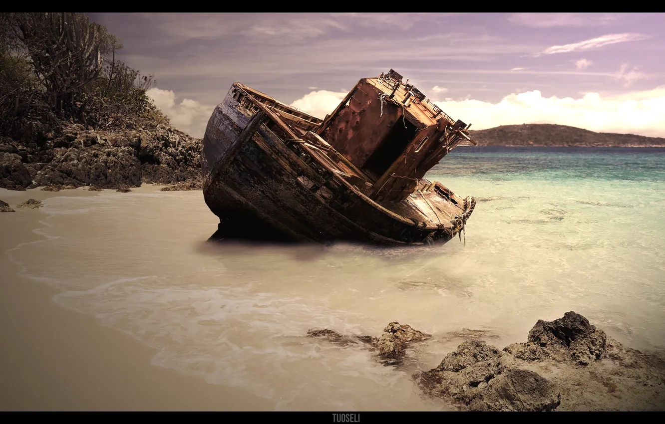 Photo wallpaper Sea, Laguna, Ship, Shipwreck, Fishing Ship