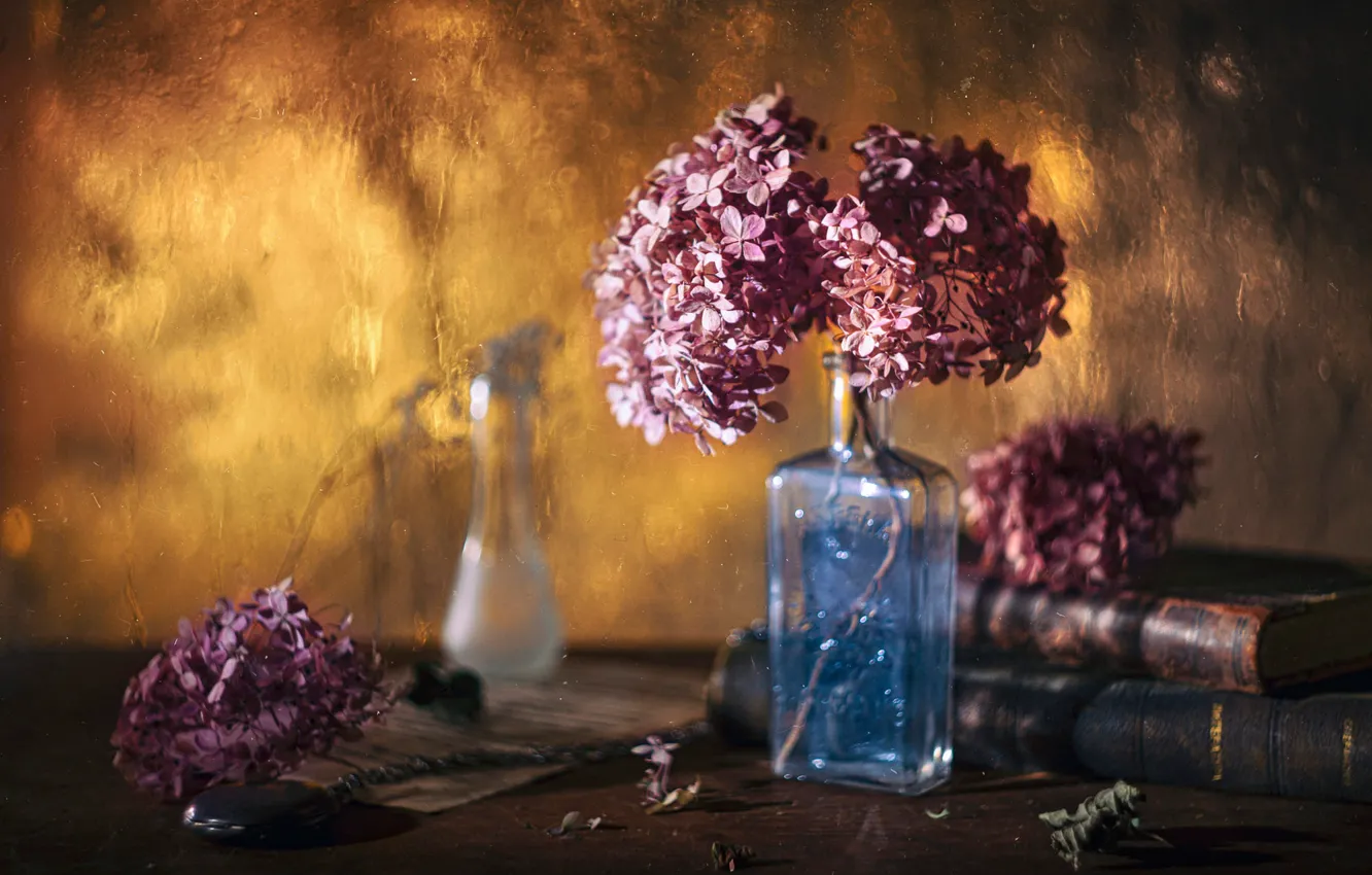 Photo wallpaper light, flowers, sprig, background, books, blur, pink, still life