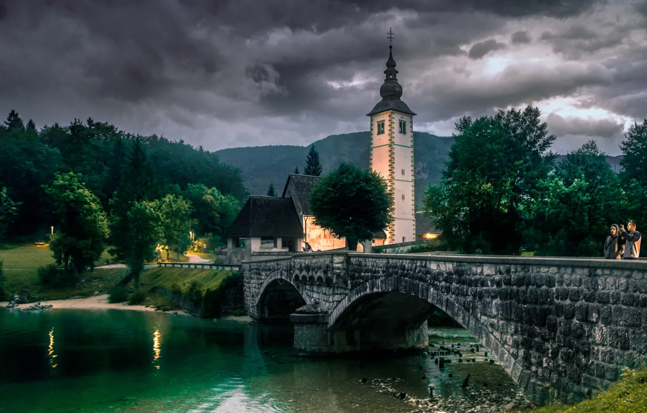 Photo wallpaper the sky, night, bridge, lake, building, Church, architecture, Slovenia