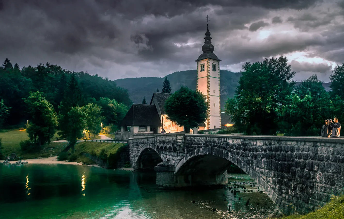 Photo wallpaper the sky, night, bridge, lake, the building, Church, architecture, Slovenia