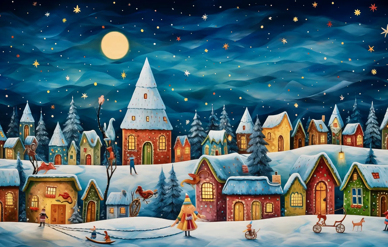 Photo wallpaper the city, holiday, building, new year, home, Christmas, hut, town