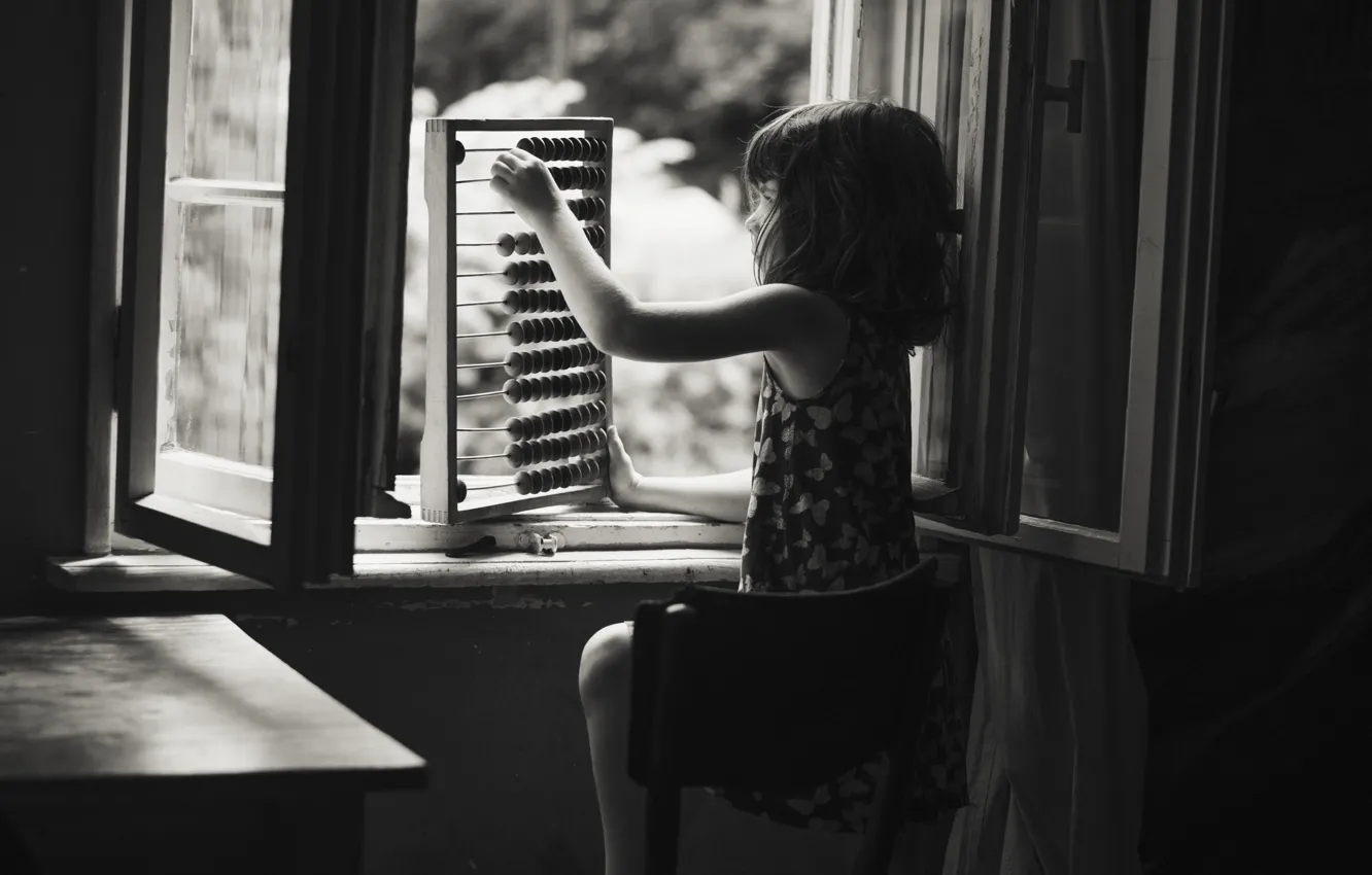 Photo wallpaper window, girl, b & W photo, scores