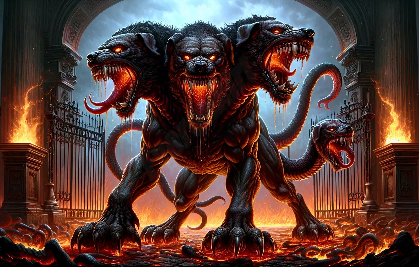 Photo wallpaper dog, Cerberus, the Hellhound, three heads