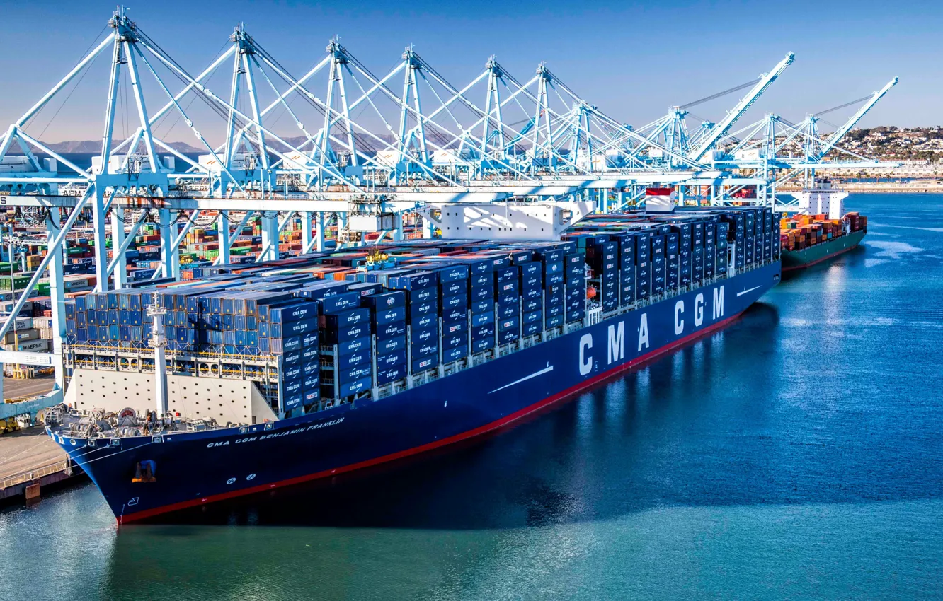 Photo wallpaper The ship, Benjamin Franklin, A container ship, Cranes, Port, CMA CGM, Vessel, Container Ship