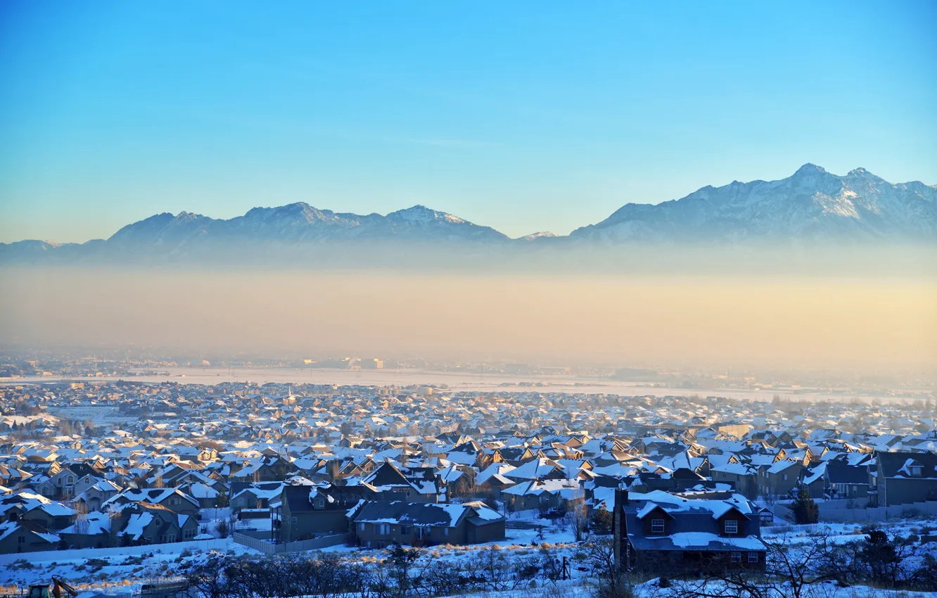 Photo wallpaper winter, mountains, nature, the city, lake, building, home, Utah