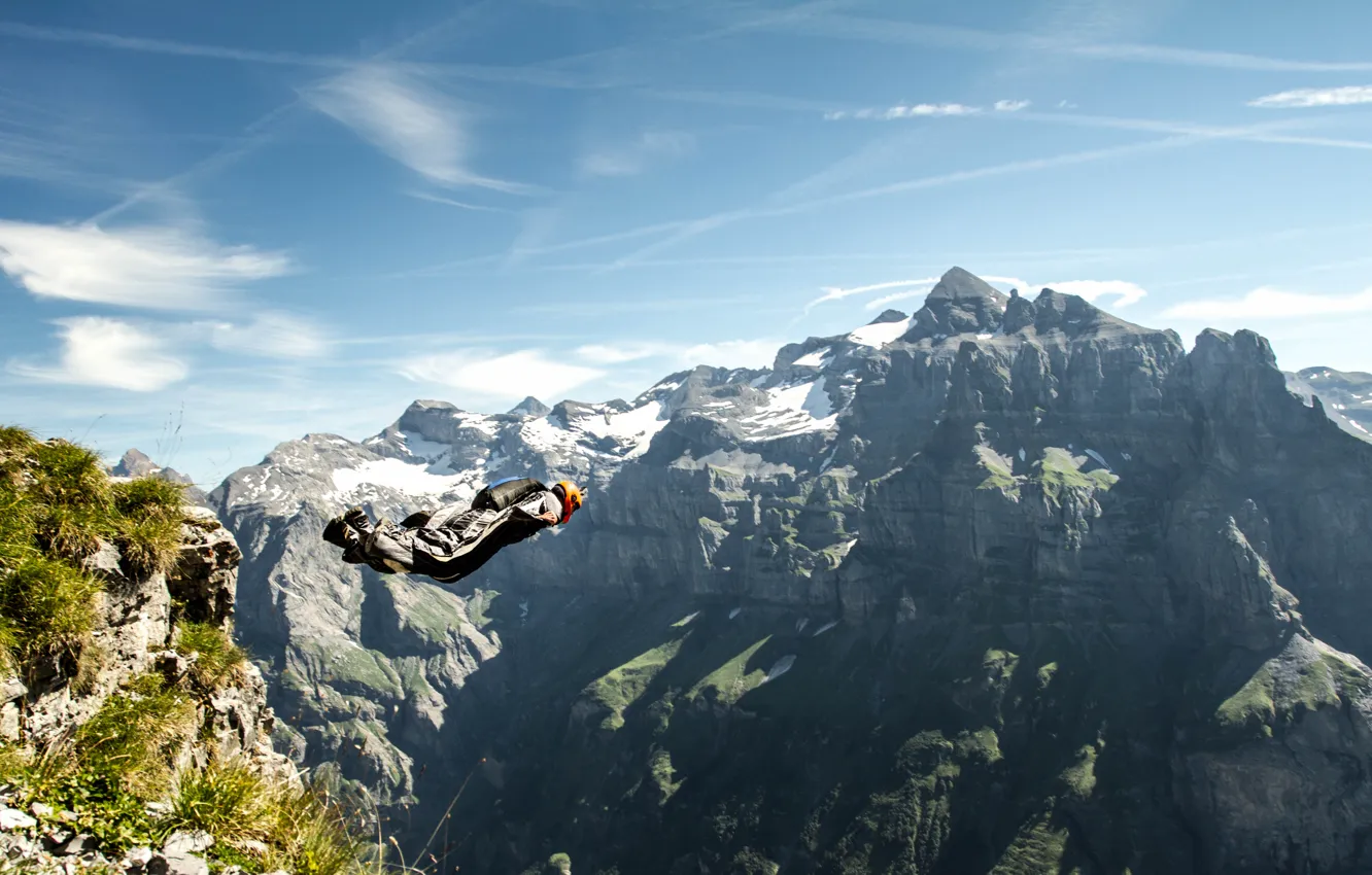 Photo wallpaper the sky, clouds, mountains, rocks, camera, parachute, container, helmet