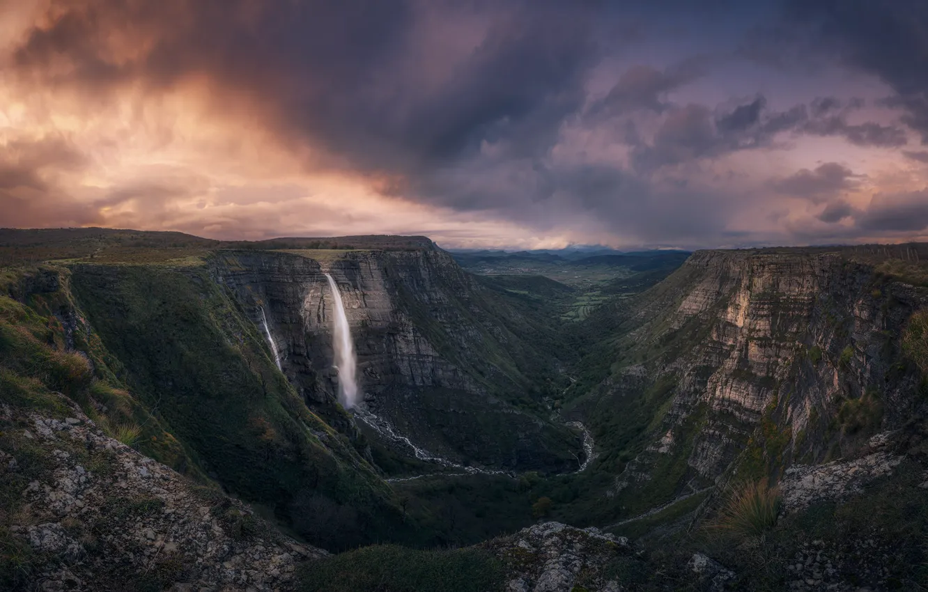 Photo wallpaper mountains, waterfall, the sky, height, slope