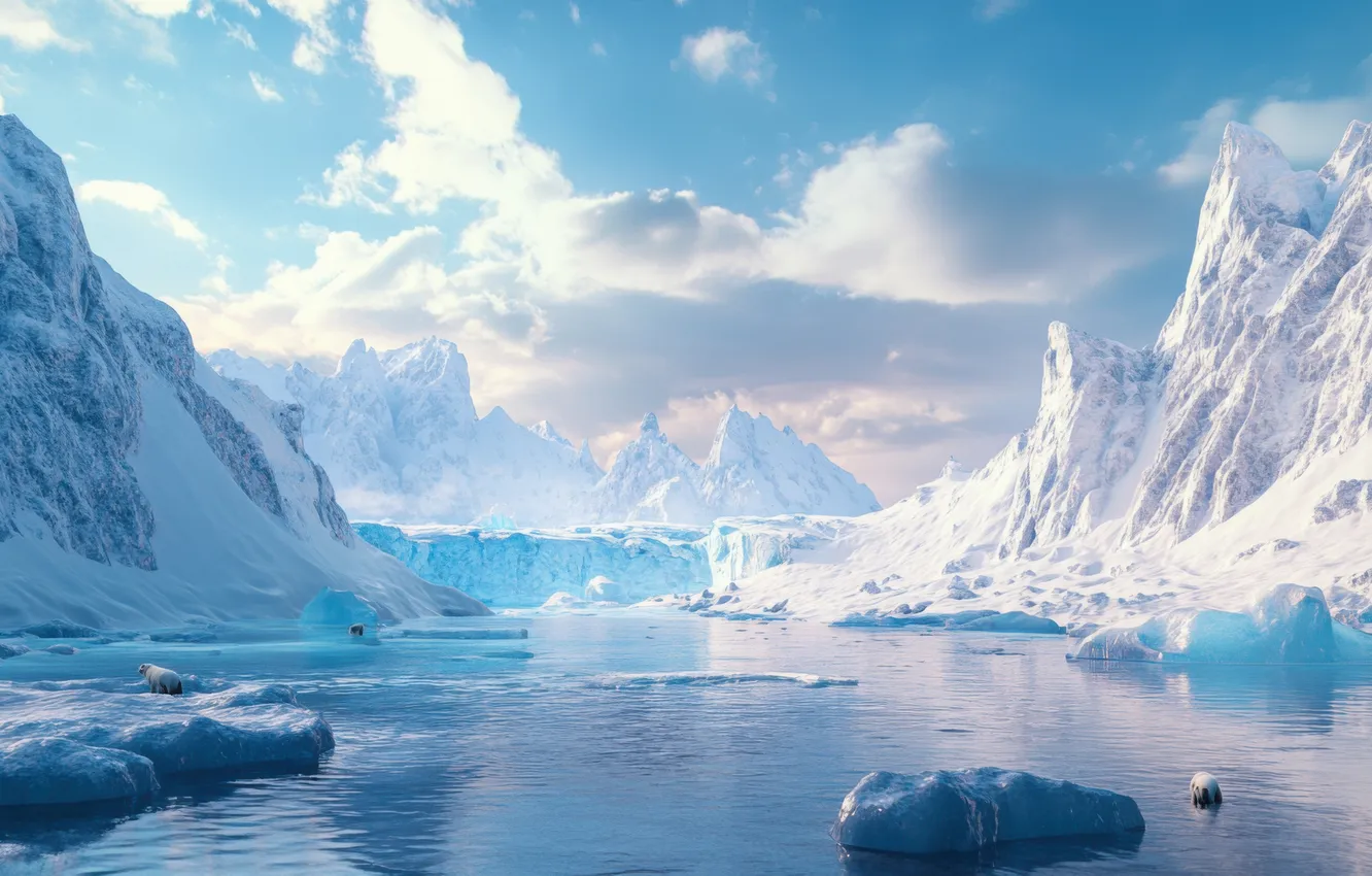 Photo wallpaper ice, winter, clouds, snow, mountains, nature, blue, rocks