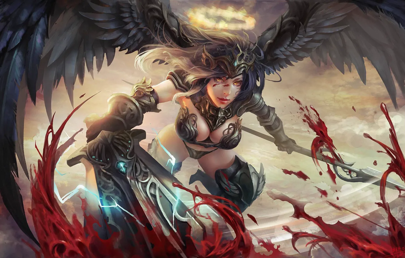 Photo wallpaper weapons, blood, wings, angel, sword, art, spear, halo