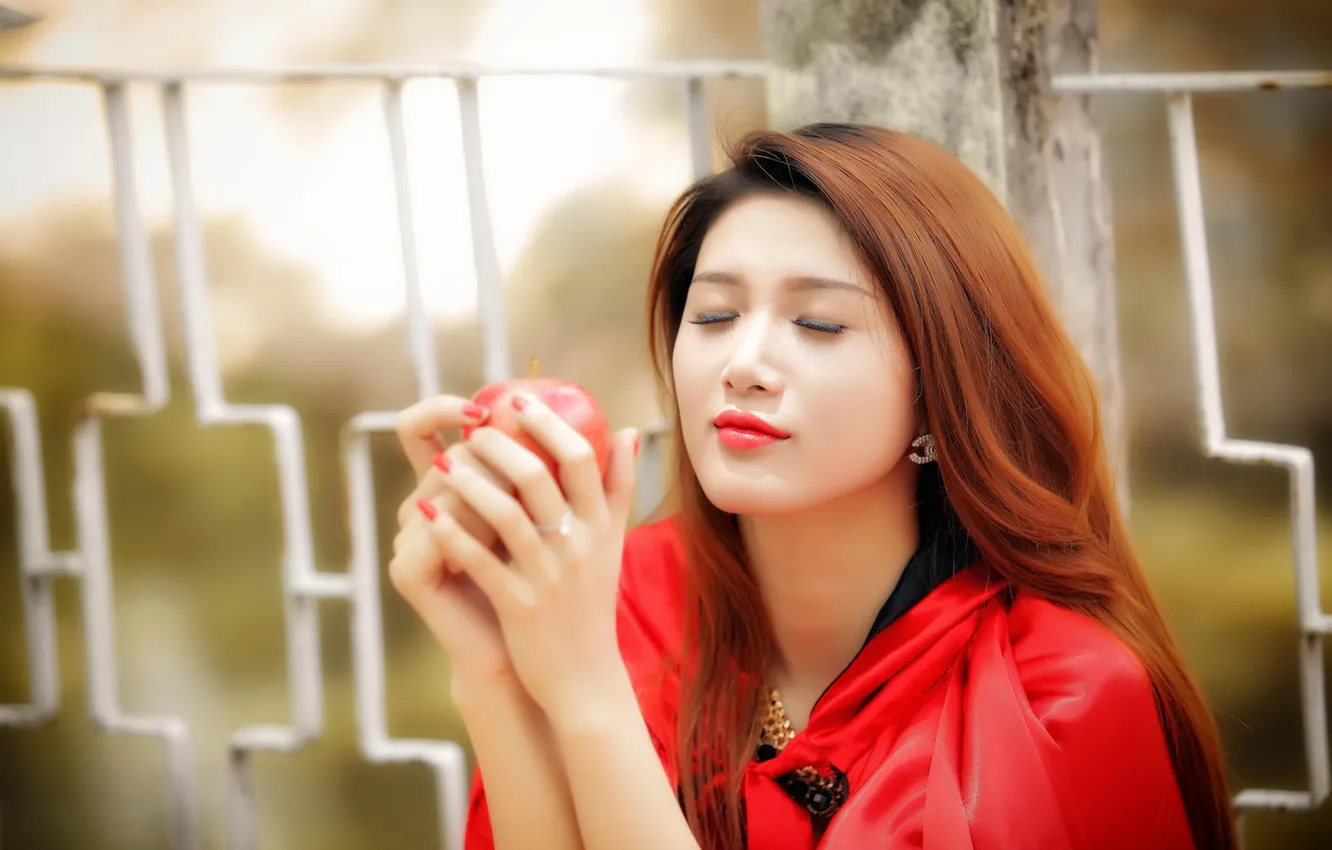 Photo wallpaper girl, Apple, Asian