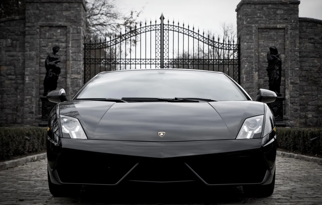 Photo wallpaper black, Lamborghini, gate, statue, Gallardo, black, front view, Lamborghini