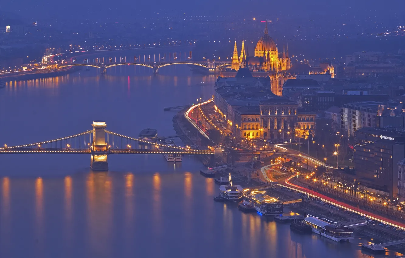 Photo wallpaper night, lights, river, Parliament, Hungary, Budapest, The Danube, Chain bridge