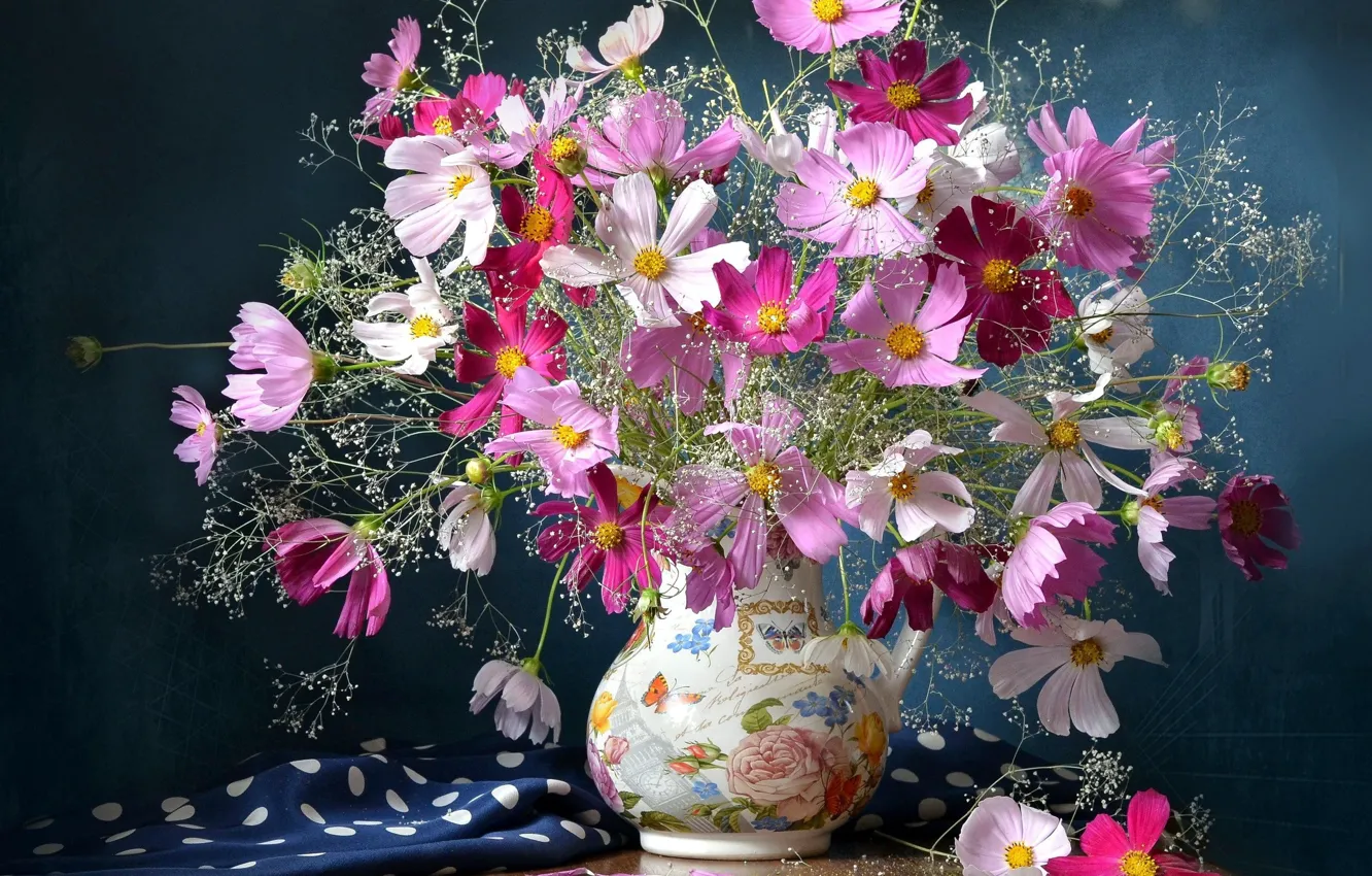 Photo wallpaper bouquet, fabric, vase, kosmeya