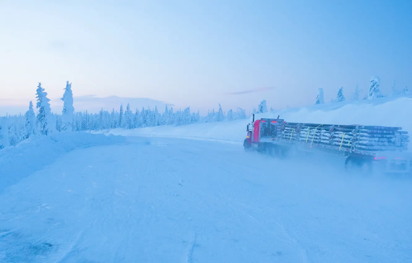 Photo wallpaper winter, road, forest, snow, trees, Alaska, frost, truck