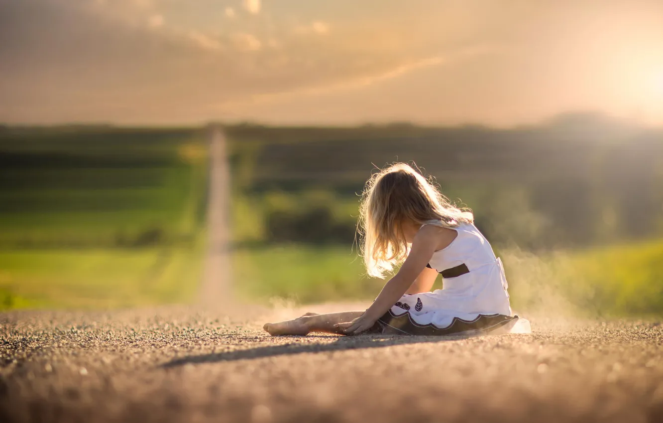 Photo wallpaper road, dust, dress, space, girl, bokeh