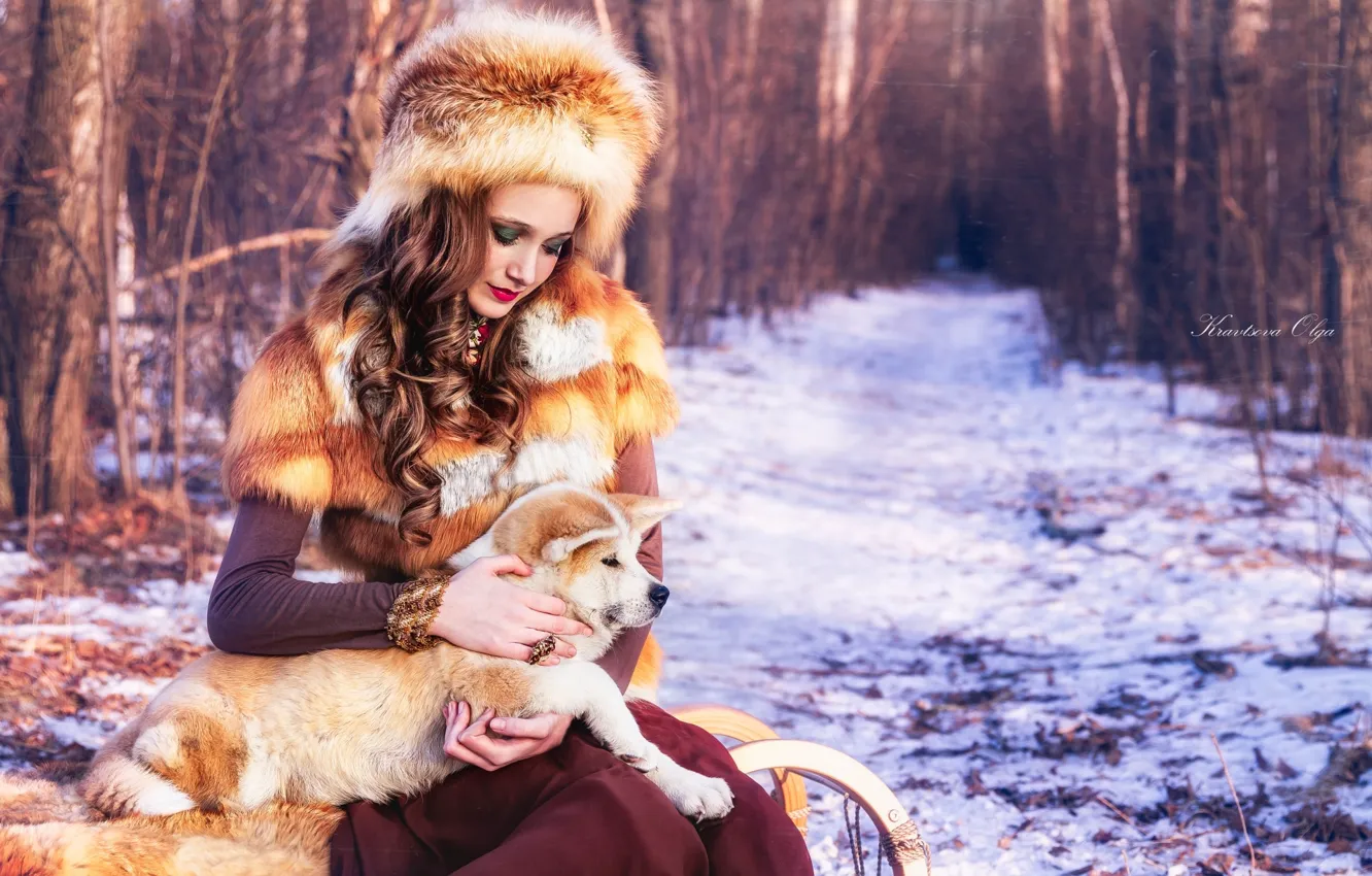 Photo wallpaper winter, girl, hat, puppy, fur
