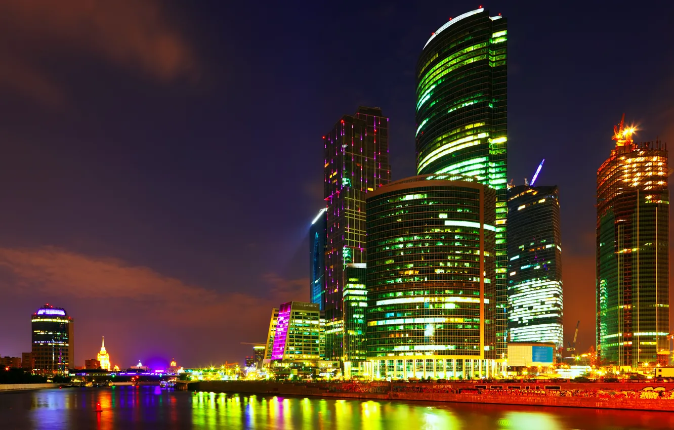 Photo wallpaper the sky, water, clouds, night, the city, lights, reflection, river