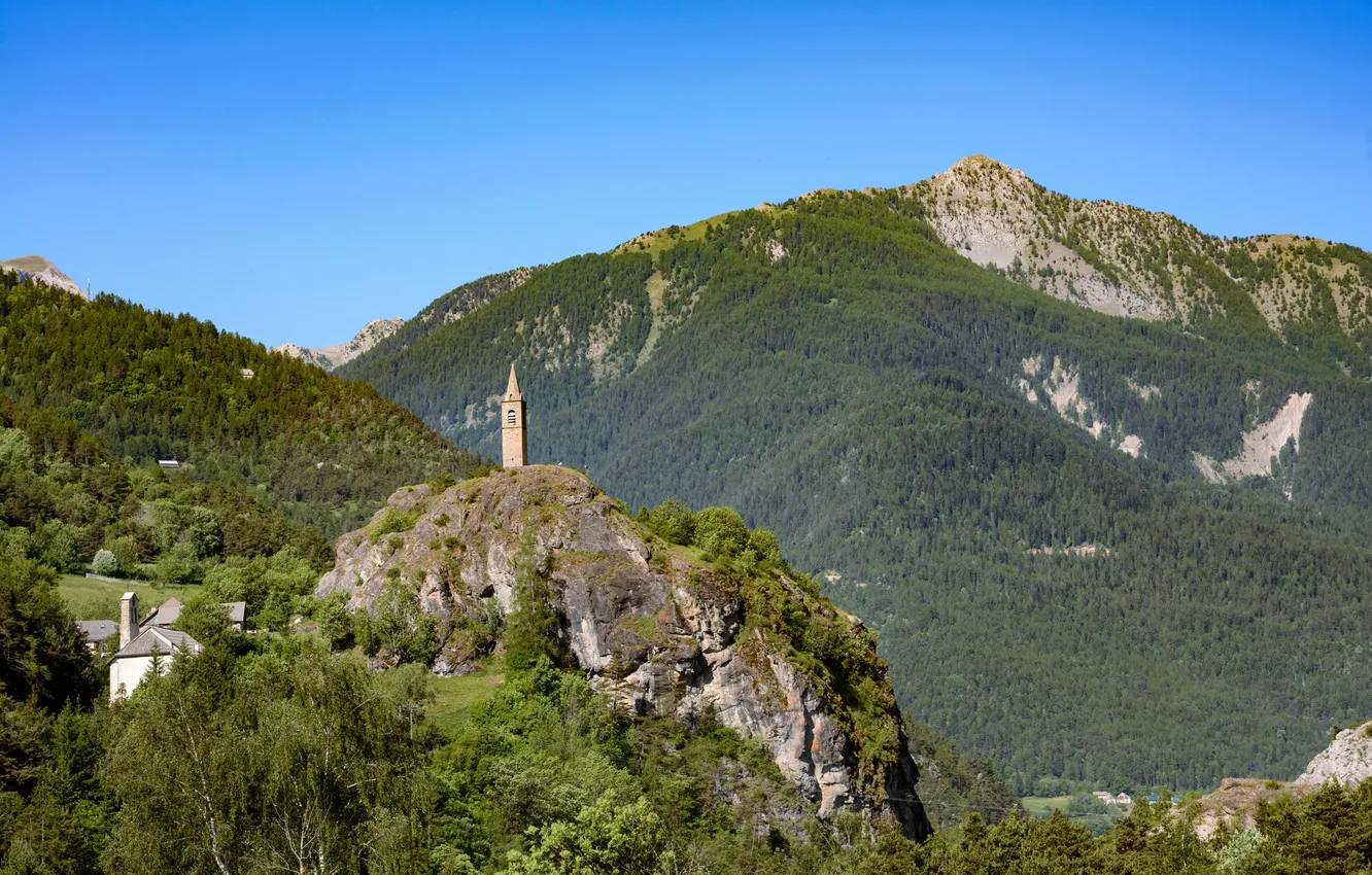 Photo wallpaper mountains, rocks, France, tower, Church