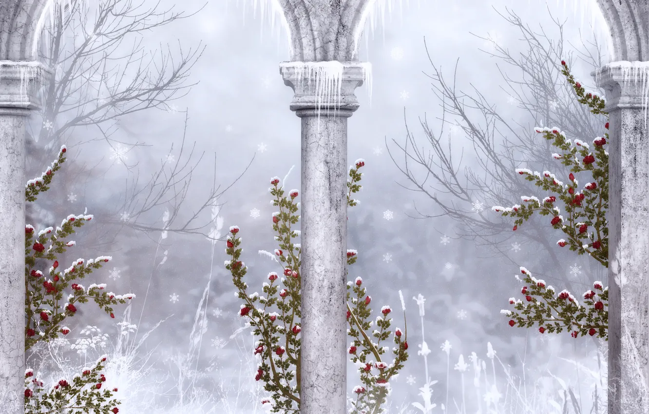 Photo wallpaper winter, snowflakes, Gothic, icicles, columns, ruins