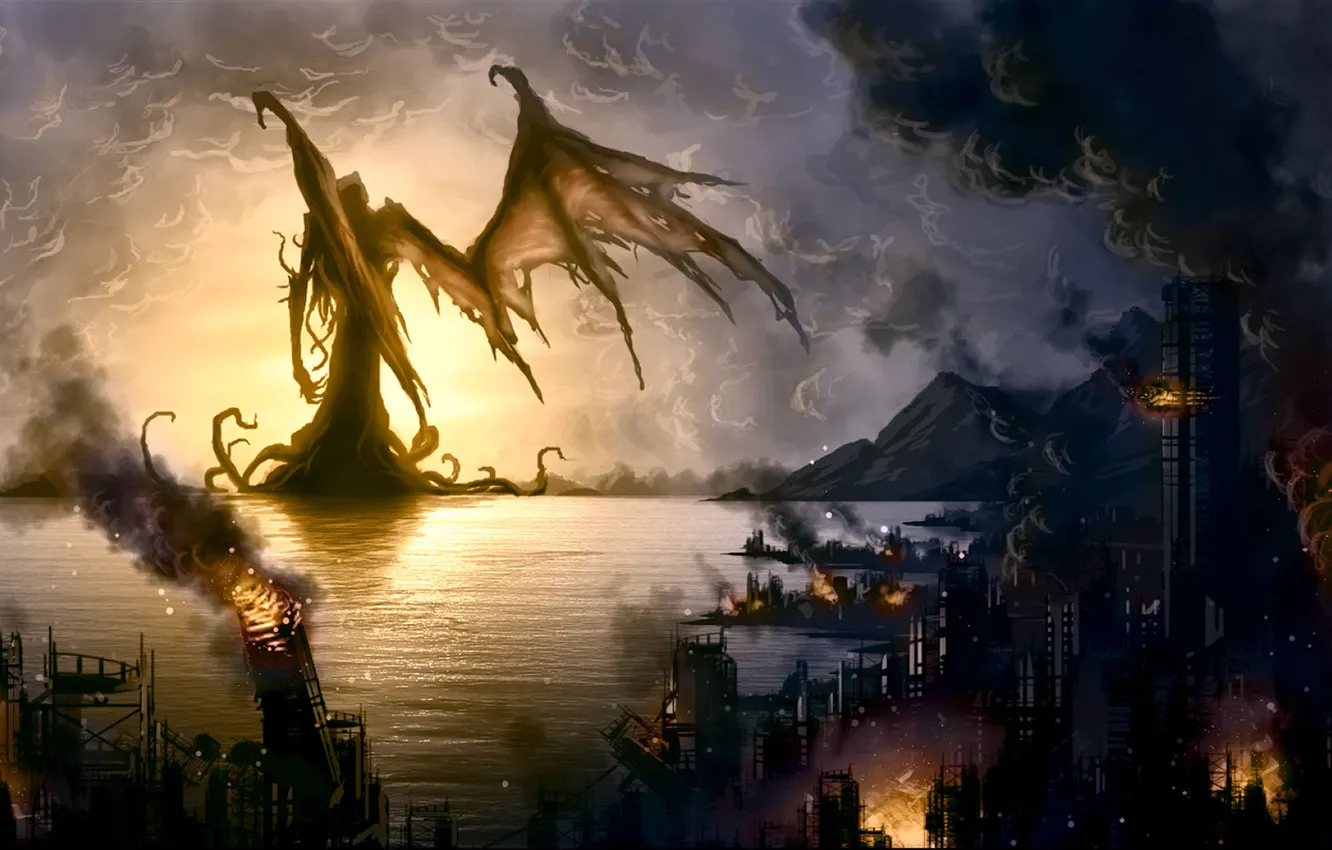Photo wallpaper the city, fire, monster, destruction, Bay, coastal, Howard Phillips Lovecraft, The Call Of Cthulhu